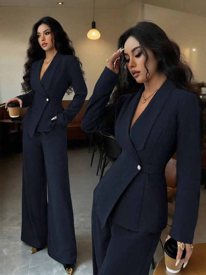 One Button Blazer And Pants Set - Trendy Clothing/Outfit Sets in Navy Blue for Women | The802Gypsy