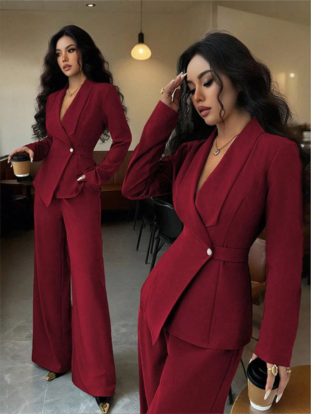 One Button Blazer And Pants Set - Trendy Clothing/Outfit Sets in Red for Women | The802Gypsy