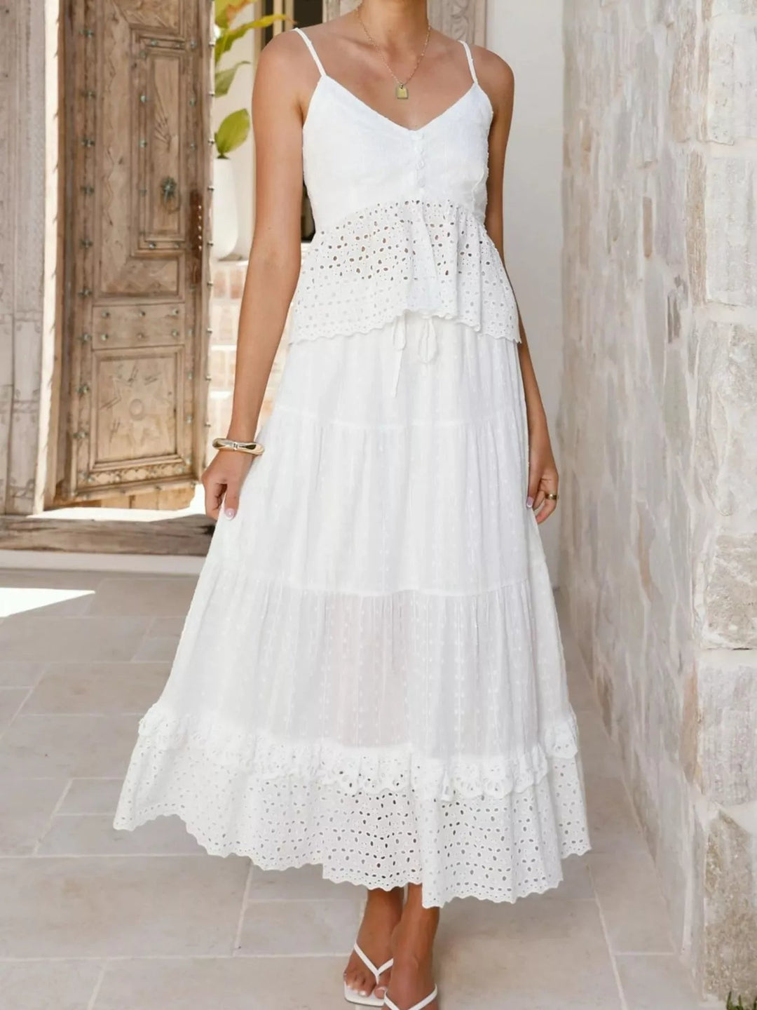 Eyelet V - Neck Cami and Skirt Set - Trendy Clothing/Outfit Sets in White for Women | The802Gypsy