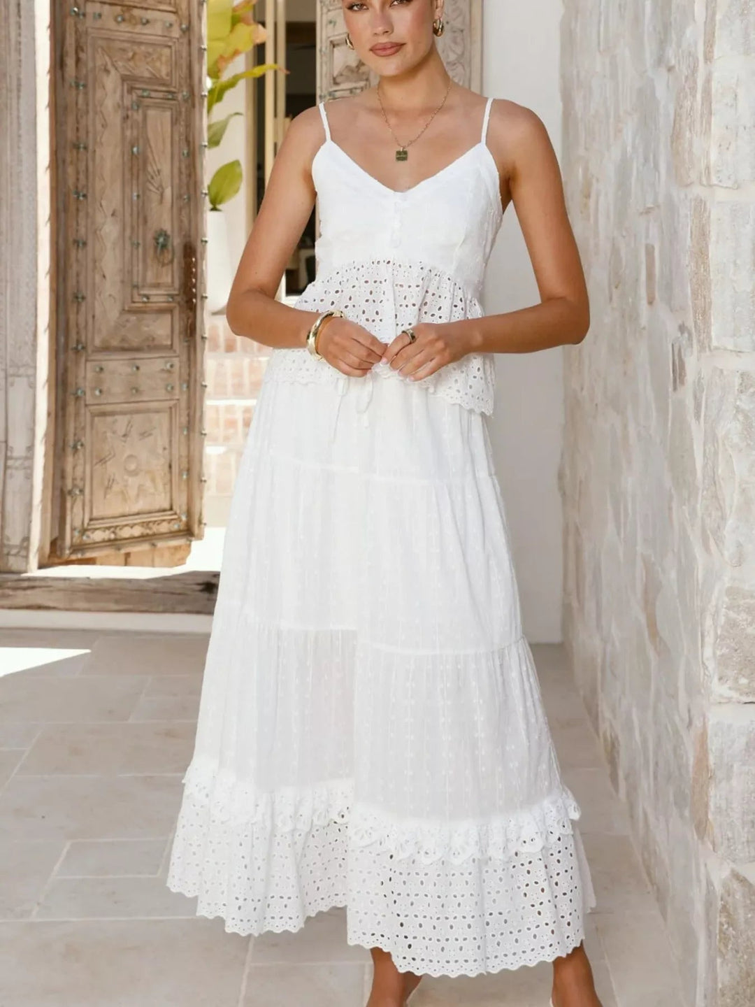 Eyelet V - Neck Cami and Skirt Set - Trendy Clothing/Outfit Sets in White for Women | The802Gypsy