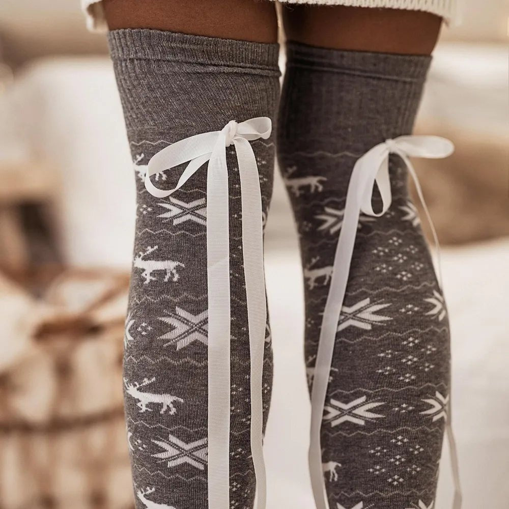 Christmas Bowknot Over Knee Socks - Trendy Clothing/Underwear & Socks in Gray for Women | The802Gypsy