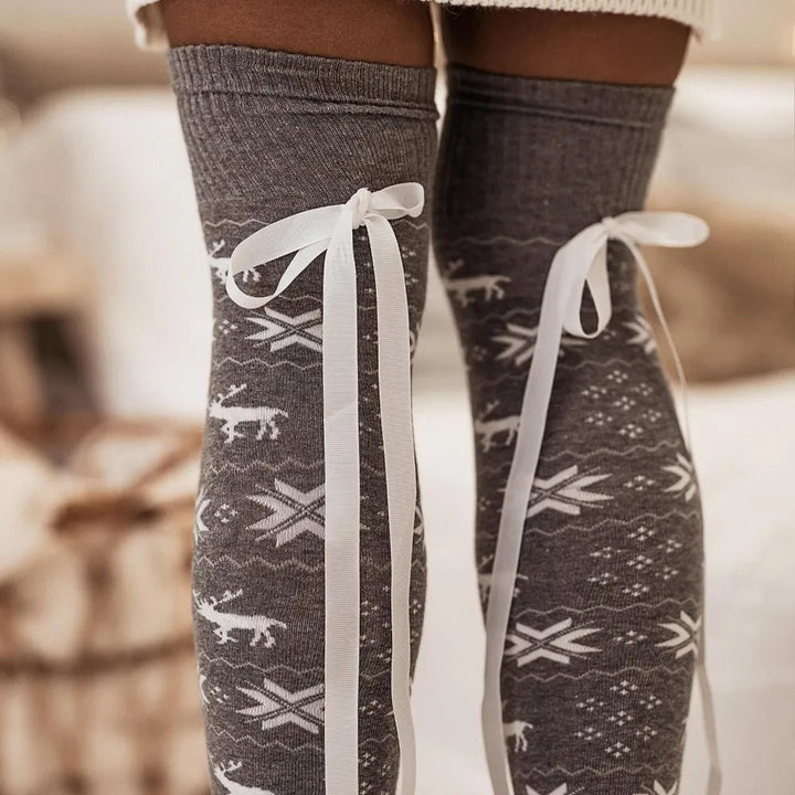 Christmas Bowknot Over Knee Socks - Trendy Clothing/Underwear & Socks in Gray for Women | The802Gypsy