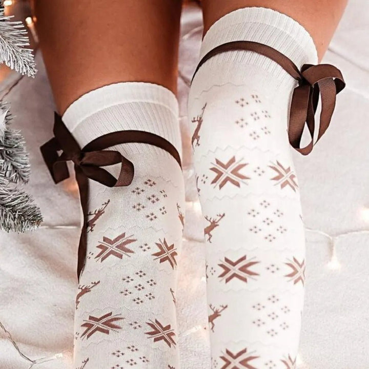 Christmas Bowknot Over Knee Socks - Trendy Clothing/Underwear & Socks in Khaki for Women | The802Gypsy
