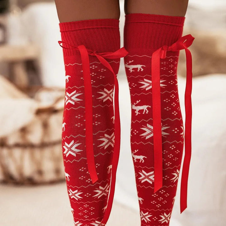 Christmas Bowknot Over Knee Socks - Trendy Clothing/Underwear & Socks in Scarlet for Women | The802Gypsy