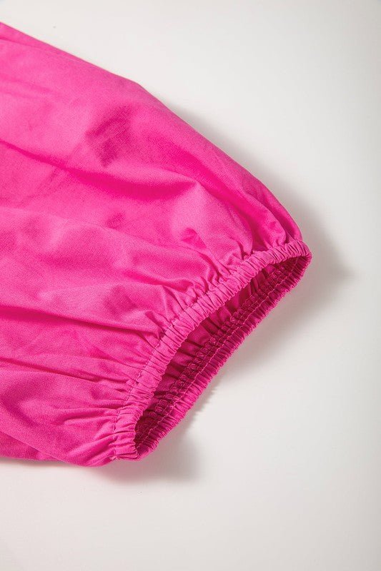 Bright Pink Tie Front Puff Sleeve Mini Dress - Trendy Dress/Casual Dress in Bright Pink for Women | The802Gypsy