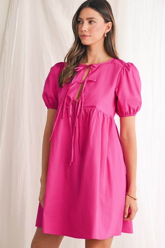 Bright Pink Tie Front Puff Sleeve Mini Dress - Trendy Dress/Casual Dress in Bright Pink for Women | The802Gypsy