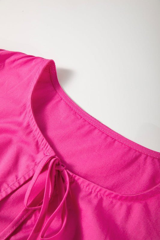 Bright Pink Tie Front Puff Sleeve Mini Dress - Trendy Dress/Casual Dress in Bright Pink for Women | The802Gypsy