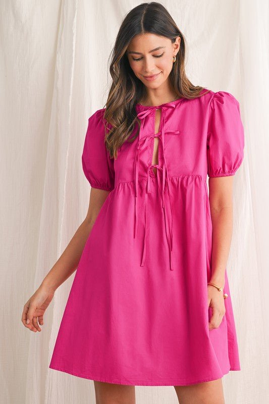 Bright Pink Tie Front Puff Sleeve Mini Dress - Trendy Dress/Casual Dress in Bright Pink for Women | The802Gypsy