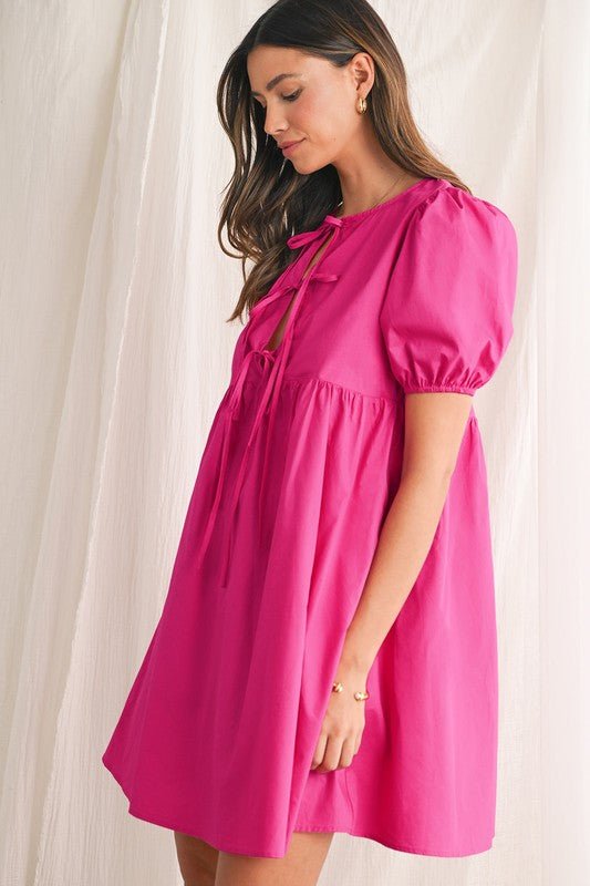 Bright Pink Tie Front Puff Sleeve Mini Dress - Trendy Dress/Casual Dress in Bright Pink for Women | The802Gypsy