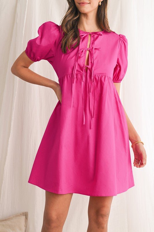 Bright Pink Tie Front Puff Sleeve Mini Dress - Trendy Dress/Casual Dress in Bright Pink for Women | The802Gypsy
