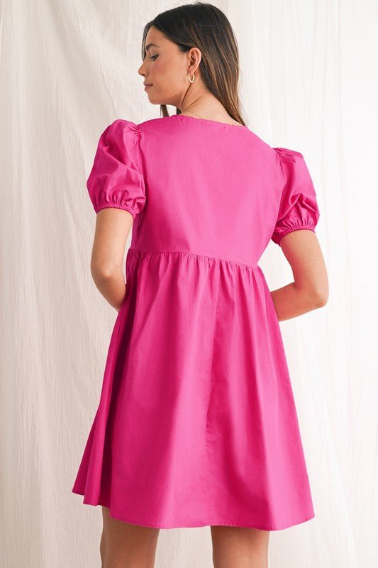Bright Pink Tie Front Puff Sleeve Mini Dress - Trendy Dress/Casual Dress in Bright Pink for Women | The802Gypsy