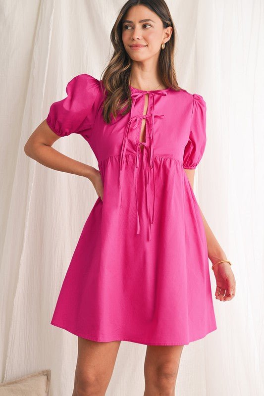 Bright Pink Tie Front Puff Sleeve Mini Dress - Trendy Dress/Casual Dress in Bright Pink for Women | The802Gypsy