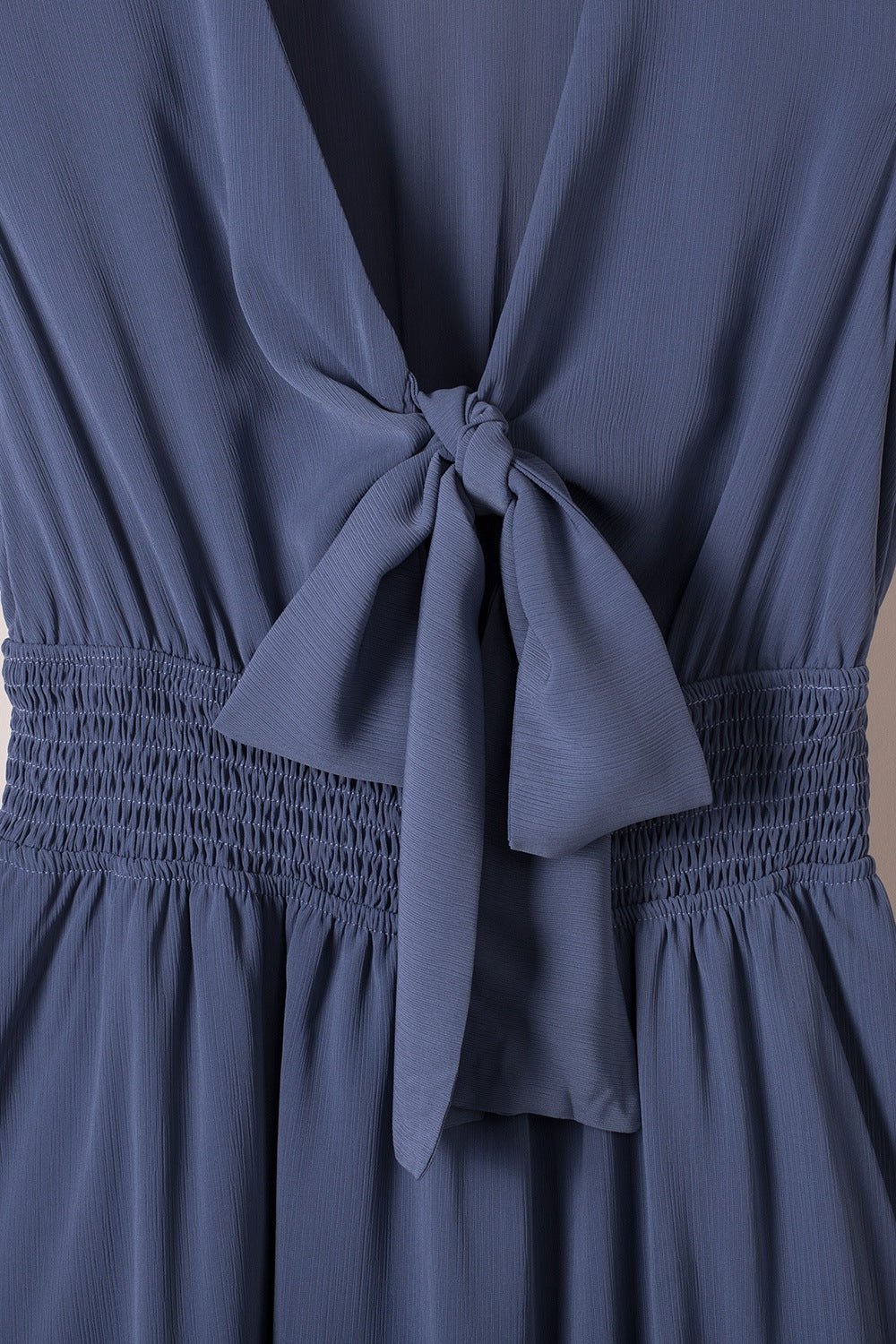 Bow - Tie V - Neck Ruffle Hem Mini Dress - Trendy Dress/Casual Dress in Dusty Blue for Women | The802Gypsy