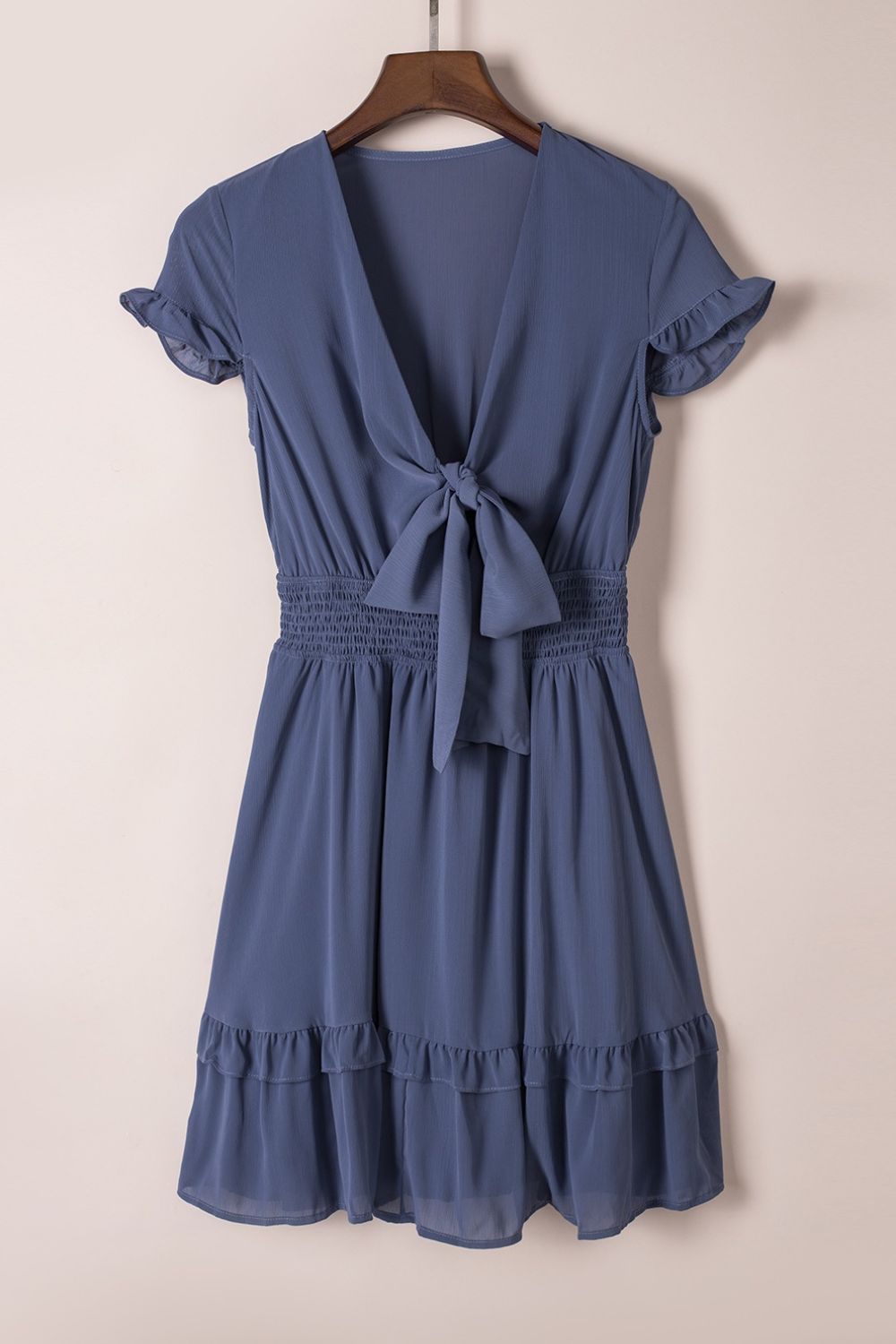 Bow - Tie V - Neck Ruffle Hem Mini Dress - Trendy Dress/Casual Dress in Dusty Blue for Women | The802Gypsy