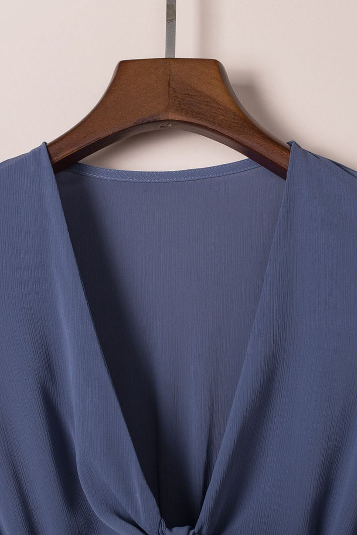 Bow - Tie V - Neck Ruffle Hem Mini Dress - Trendy Dress/Casual Dress in Dusty Blue for Women | The802Gypsy