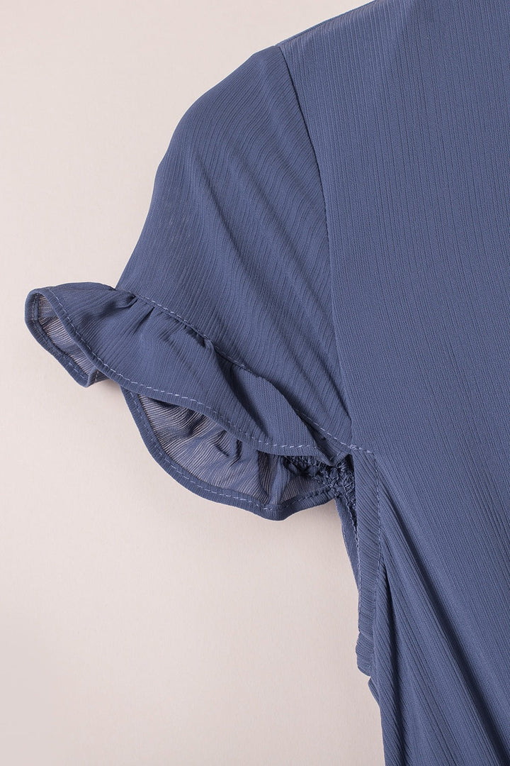 Bow - Tie V - Neck Ruffle Hem Mini Dress - Trendy Dress/Casual Dress in Dusty Blue for Women | The802Gypsy