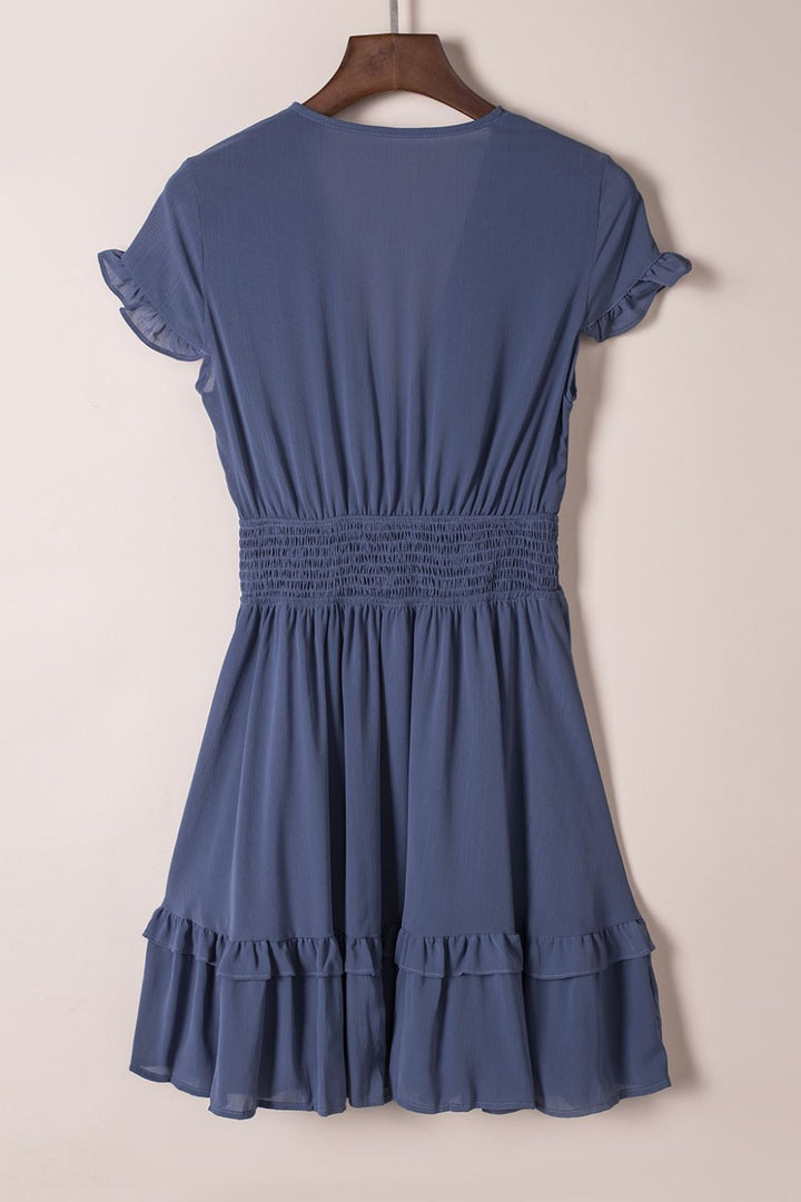 Bow - Tie V - Neck Ruffle Hem Mini Dress - Trendy Dress/Casual Dress in Dusty Blue for Women | The802Gypsy