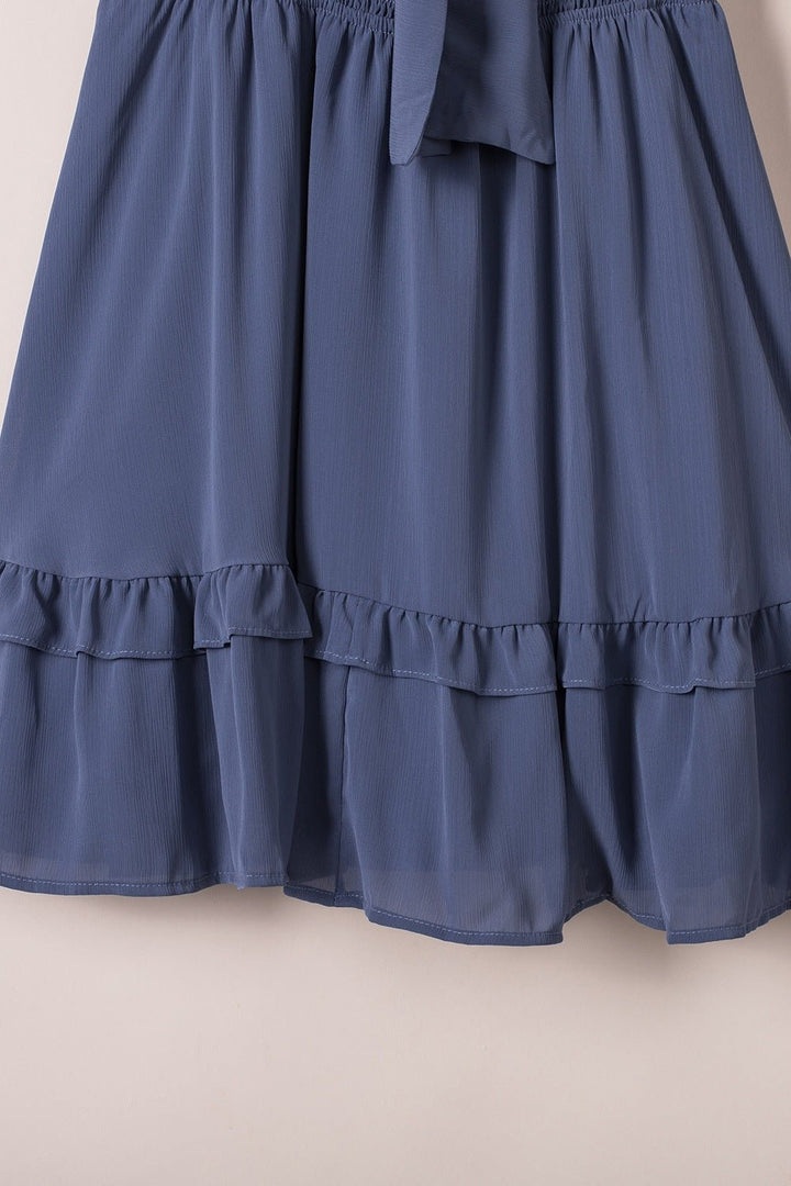 Bow - Tie V - Neck Ruffle Hem Mini Dress - Trendy Dress/Casual Dress in Dusty Blue for Women | The802Gypsy