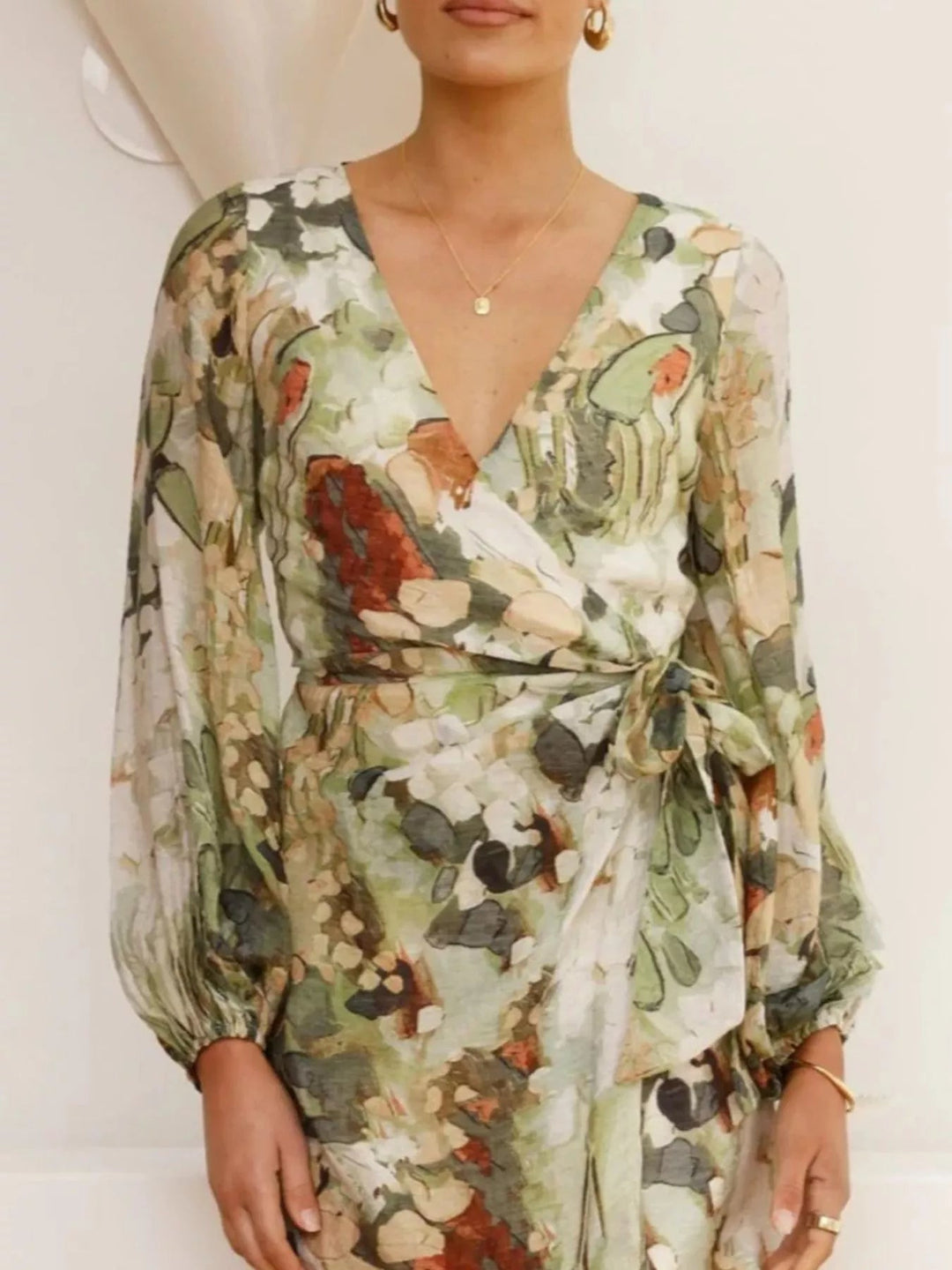 Long Sleeve Floral Tie Waist Dress - Trendy Dress/Casual Dress in Green for Women | The802Gypsy