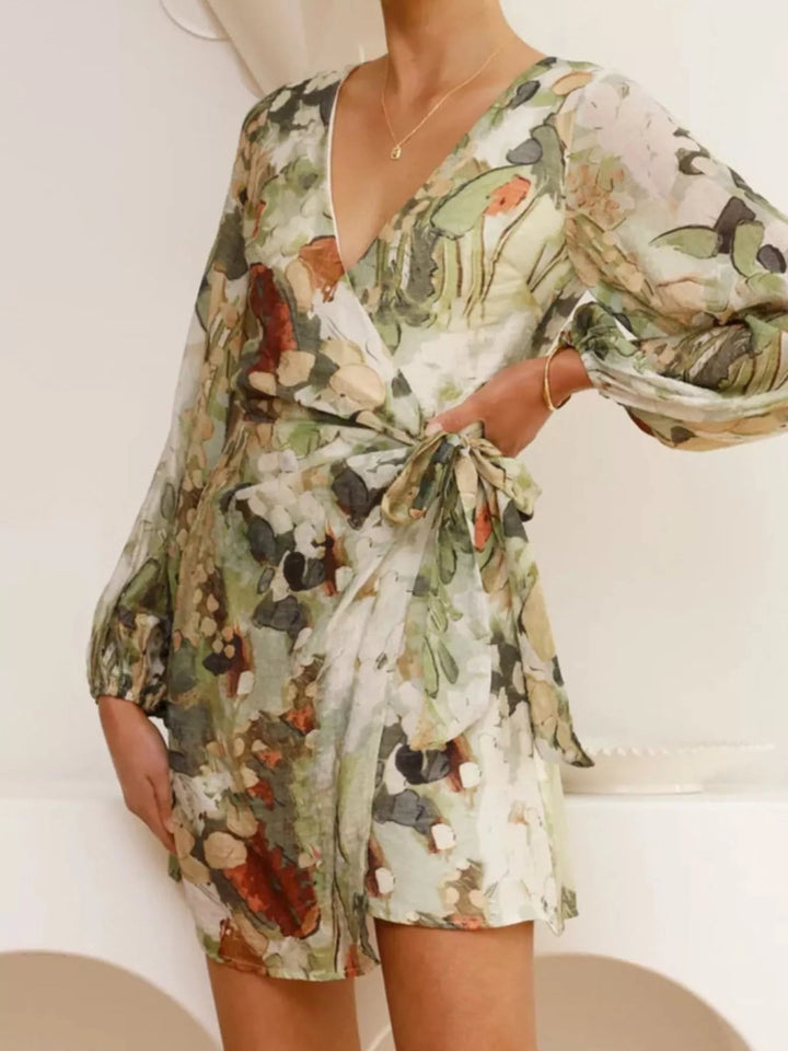 Long Sleeve Floral Tie Waist Dress - Trendy Dress/Casual Dress in Green for Women | The802Gypsy