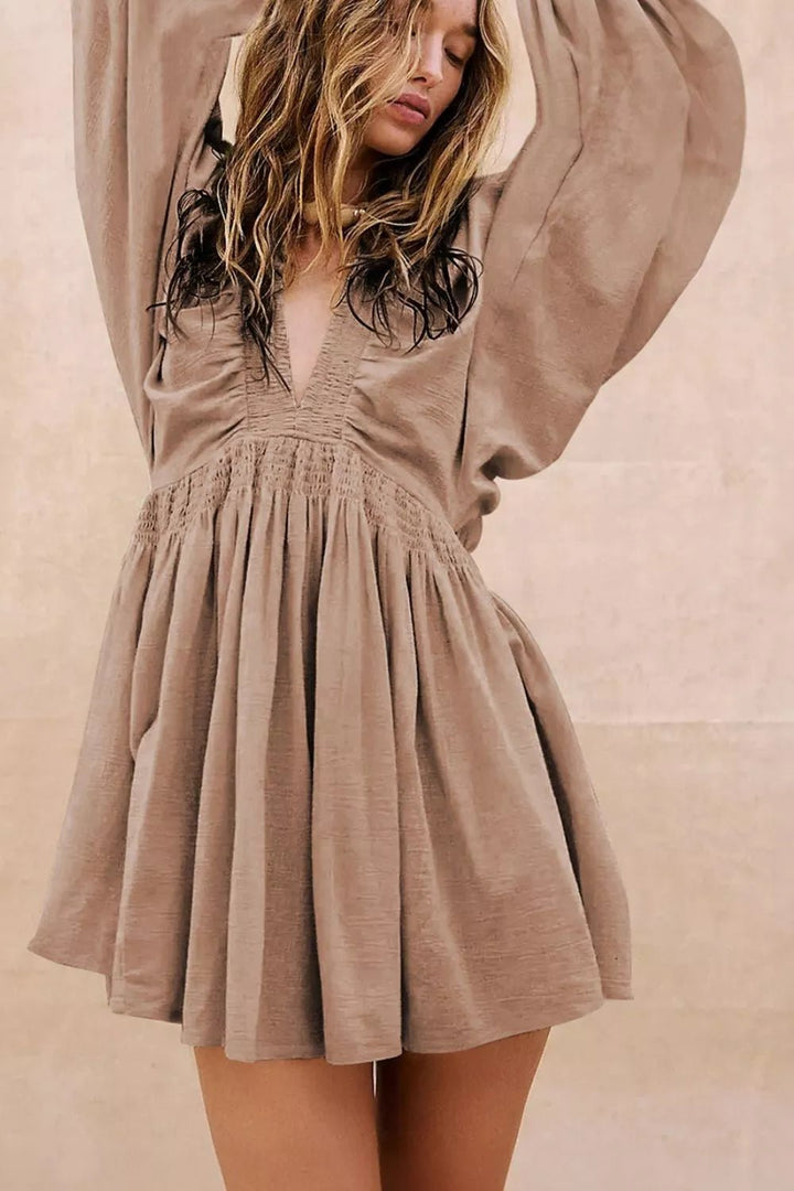 Boho Smocked V Neck Balloon Sleeve Dress - Trendy Dress/Casual Dress in Mocha for Women | The802Gypsy