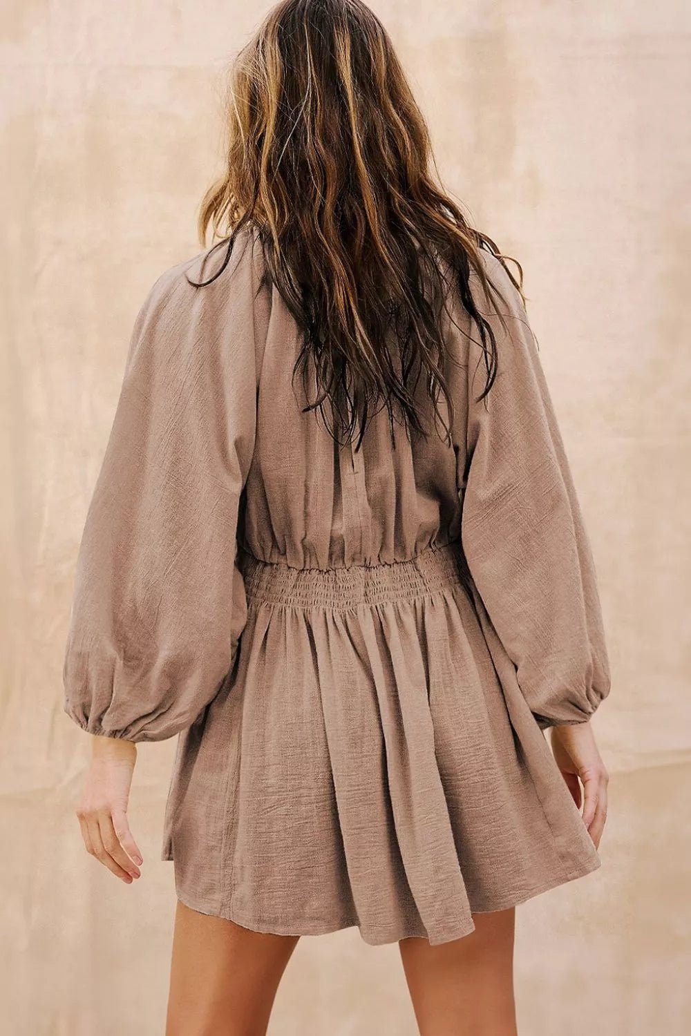 Boho Smocked V Neck Balloon Sleeve Dress, Mocha / M