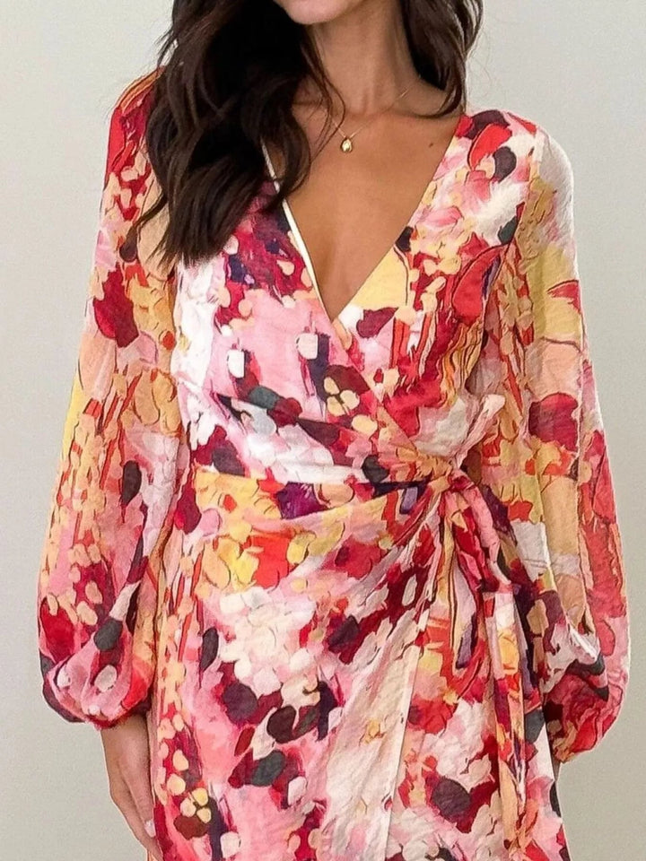 Long Sleeve Floral Tie Waist Dress - Trendy Dress/Casual Dress in Orange Red for Women | The802Gypsy