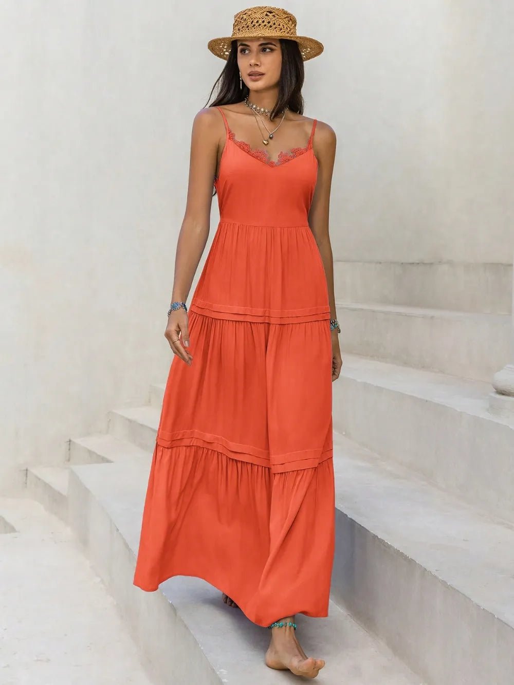Lace Detail V - Neck Cami Dress - Trendy Dress/Casual Dress in Orange - Red for Women | The802Gypsy