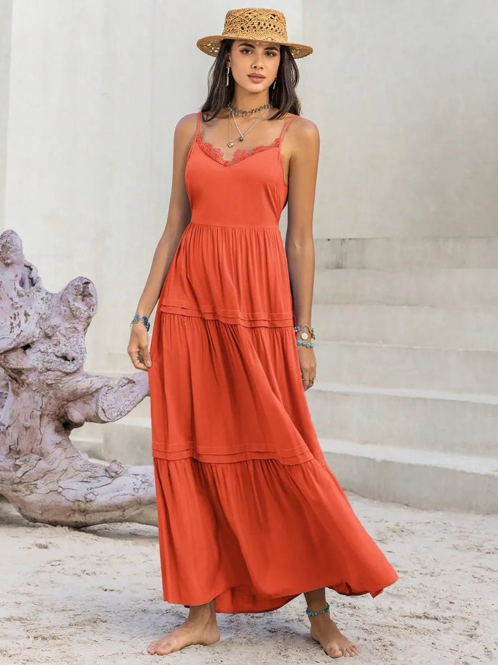 Lace Detail V - Neck Cami Dress - Trendy Dress/Casual Dress in Orange - Red for Women | The802Gypsy