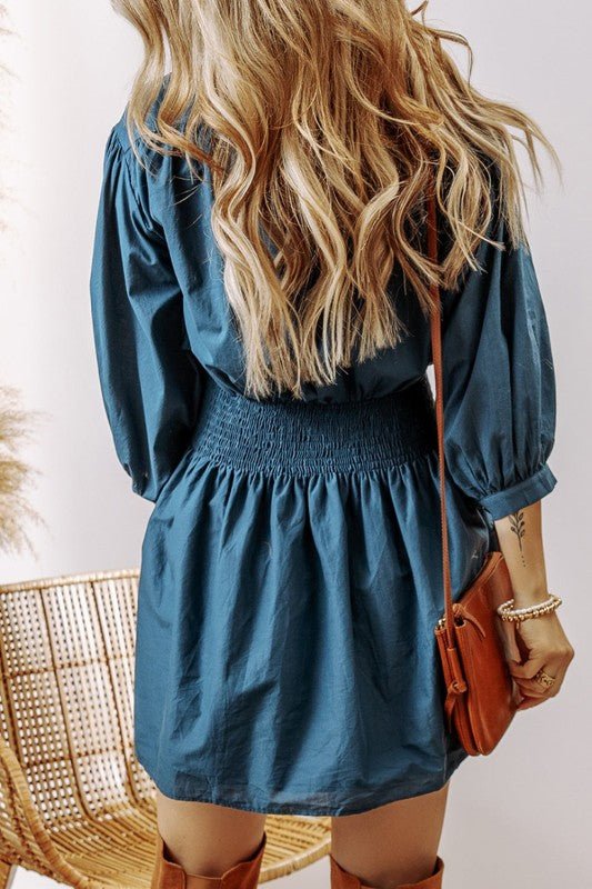 High - Waist Button Denim A - Line Dress - Trendy Dress/Casual Dress in Prussian Blue for Women | The802Gypsy