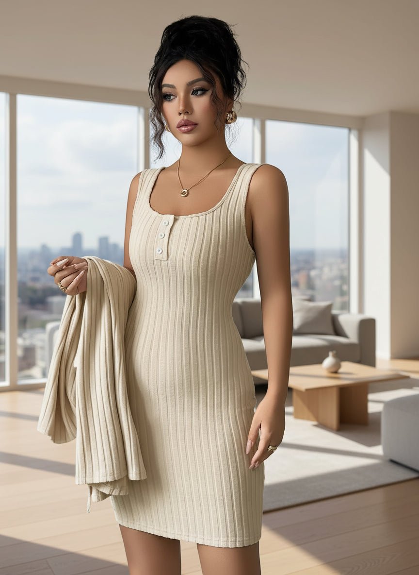 Ribbed Knit Cardigan & Dress Sweater Set - Trendy Dress/Casual Dress in Tan for Women | The802Gypsy