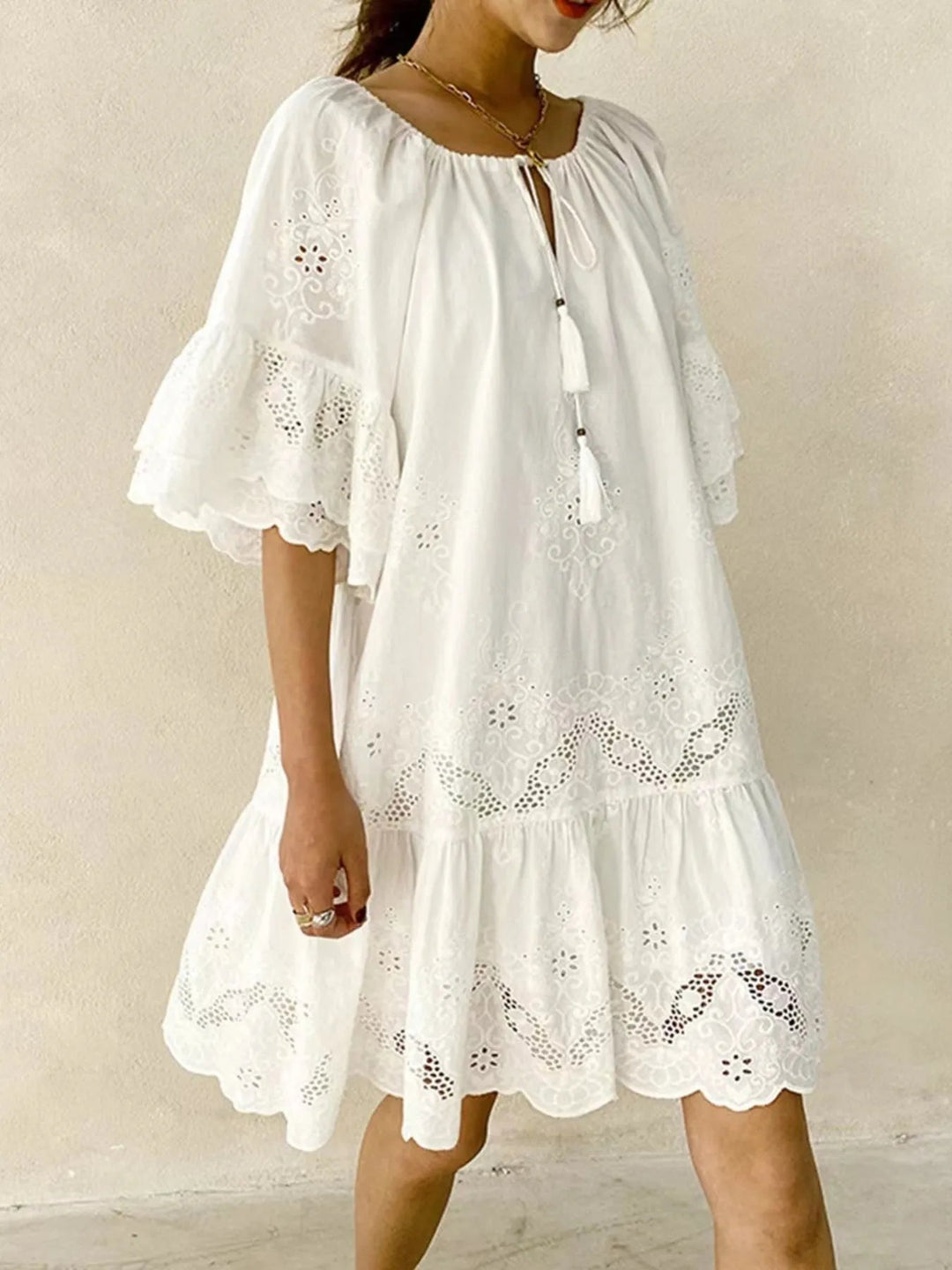 Cotton Eyelet Embroidered Tassel White Dress - Trendy Dress/Casual Dress in White for Women | The802Gypsy