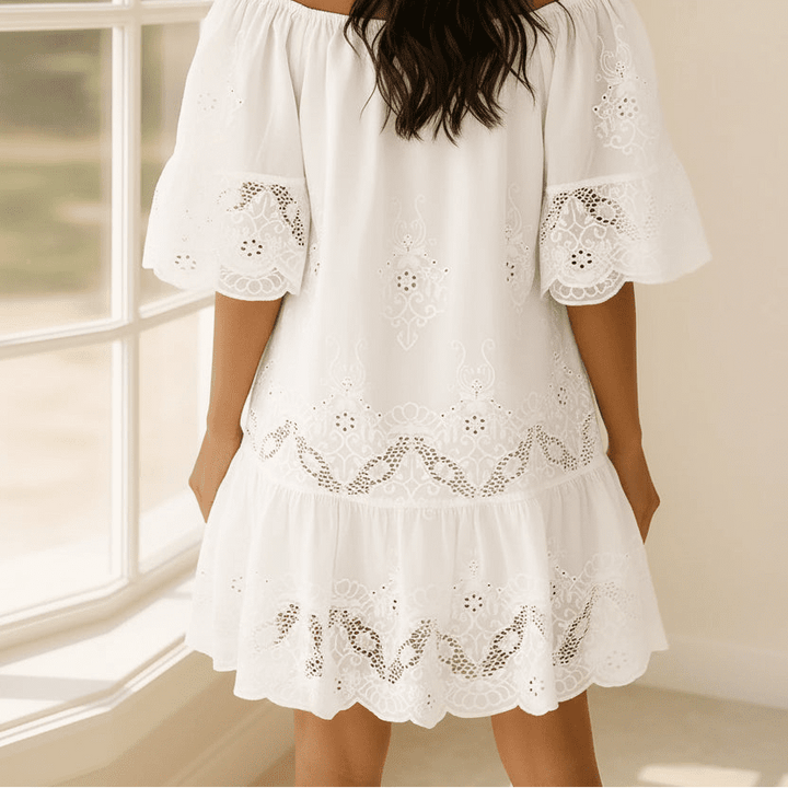 Cotton Eyelet Embroidered Tassel White Dress - Trendy Dress/Casual Dress in White for Women | The802Gypsy