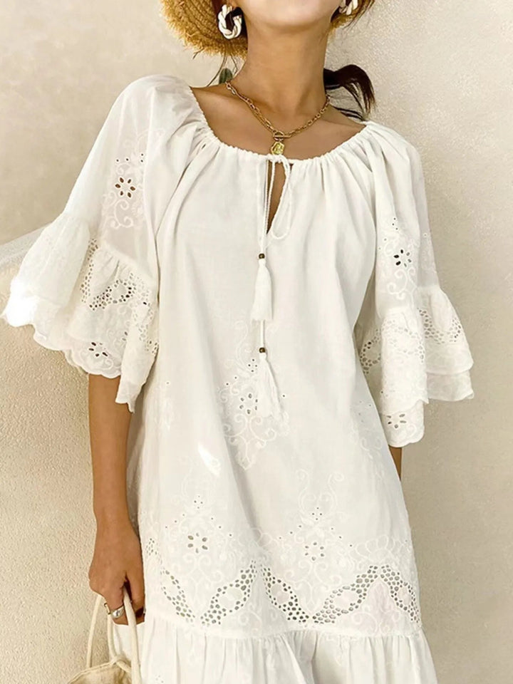 Cotton Eyelet Embroidered Tassel White Dress - Trendy Dress/Casual Dress in White for Women | The802Gypsy