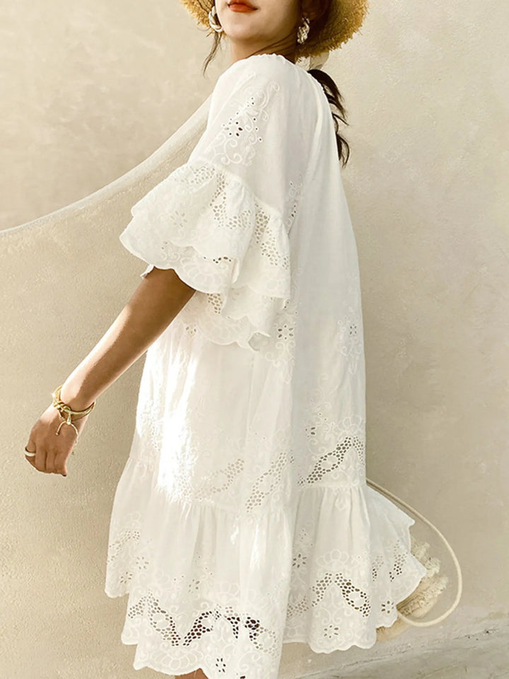 Cotton Eyelet Embroidered Tassel White Dress - Trendy Dress/Casual Dress in White for Women | The802Gypsy