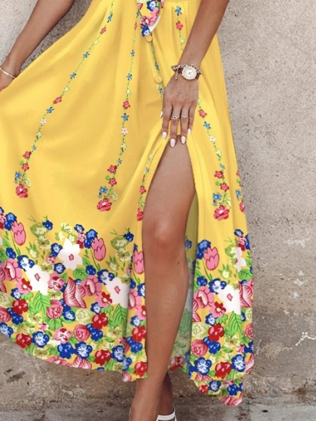 Spaghetti Strap Sundress – Feather Print Side Slit, Yellow Bottom Flower / XXL
