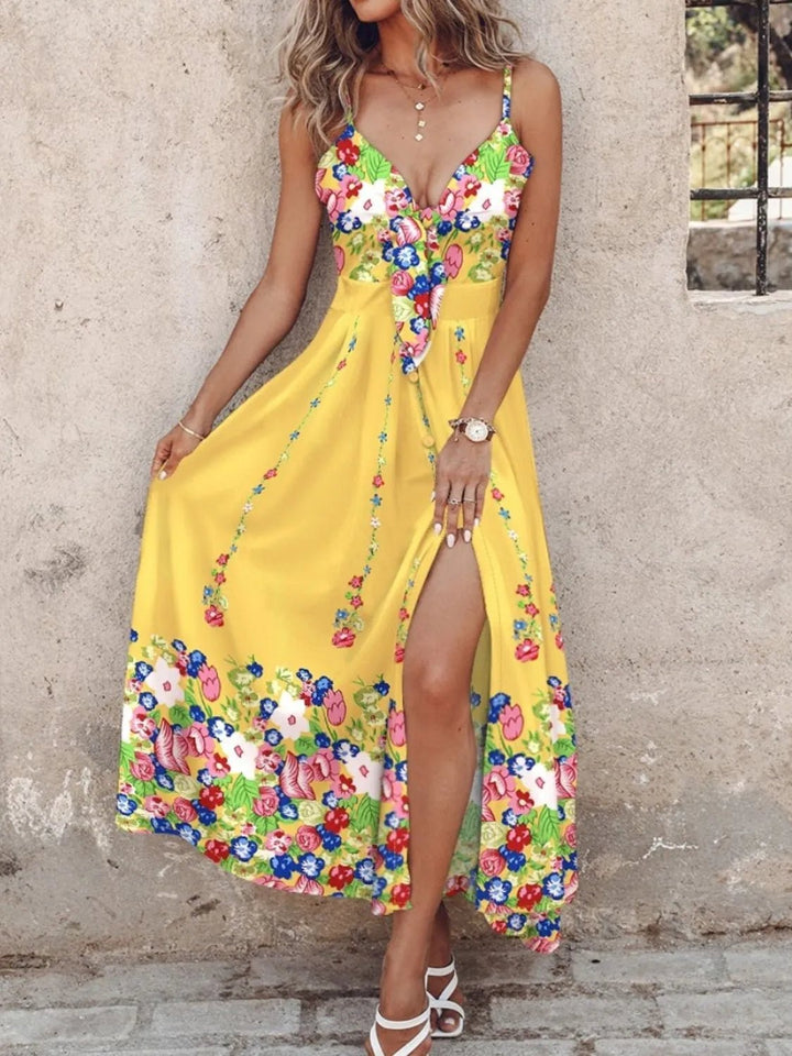 Feather Print Spaghetti Strap Split Dress - Trendy Dress/Casual Dress in Yellow Bottom Flower for Women | The802Gypsy
