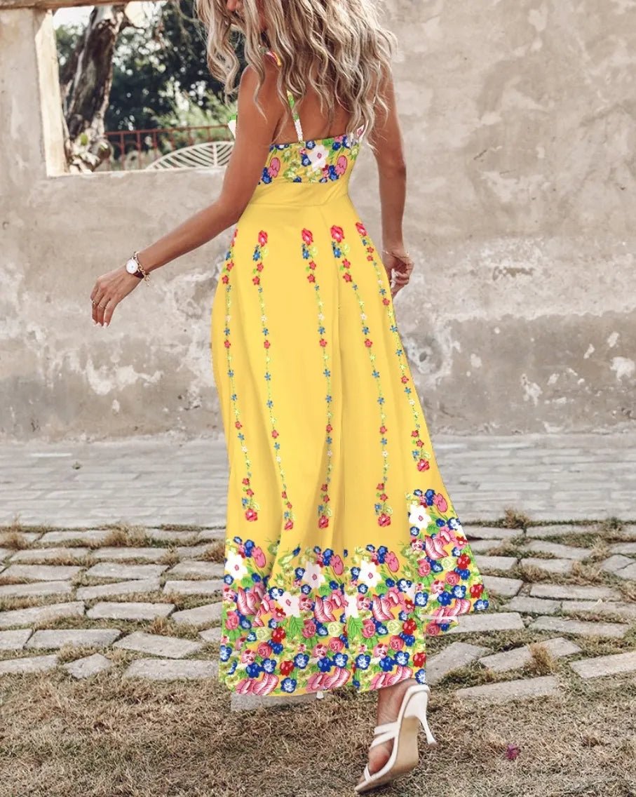 Spaghetti Strap Sundress – Feather Print Side Slit, Yellow Bottom Flower / XXL