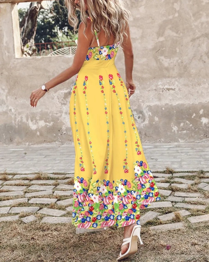 Feather Print Spaghetti Strap Split Dress - Trendy Dress/Casual Dress in Yellow Bottom Flower for Women | The802Gypsy