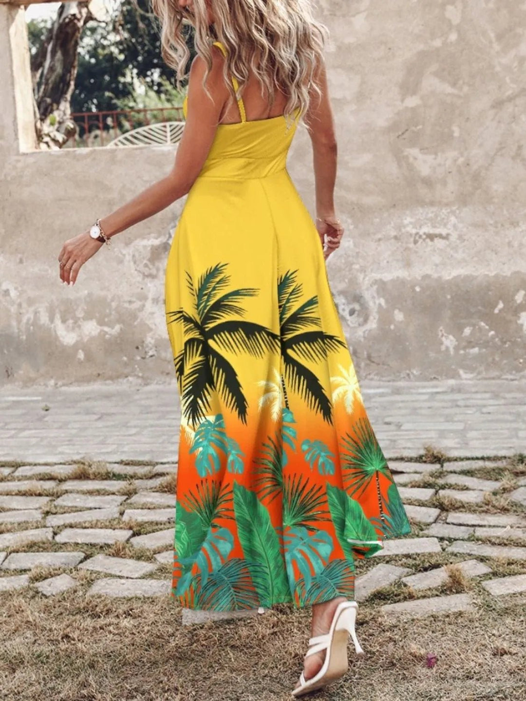 Feather Print Spaghetti Strap Split Dress - Trendy Dress/Casual Dress in Yellow Bottom Leaves for Women | The802Gypsy