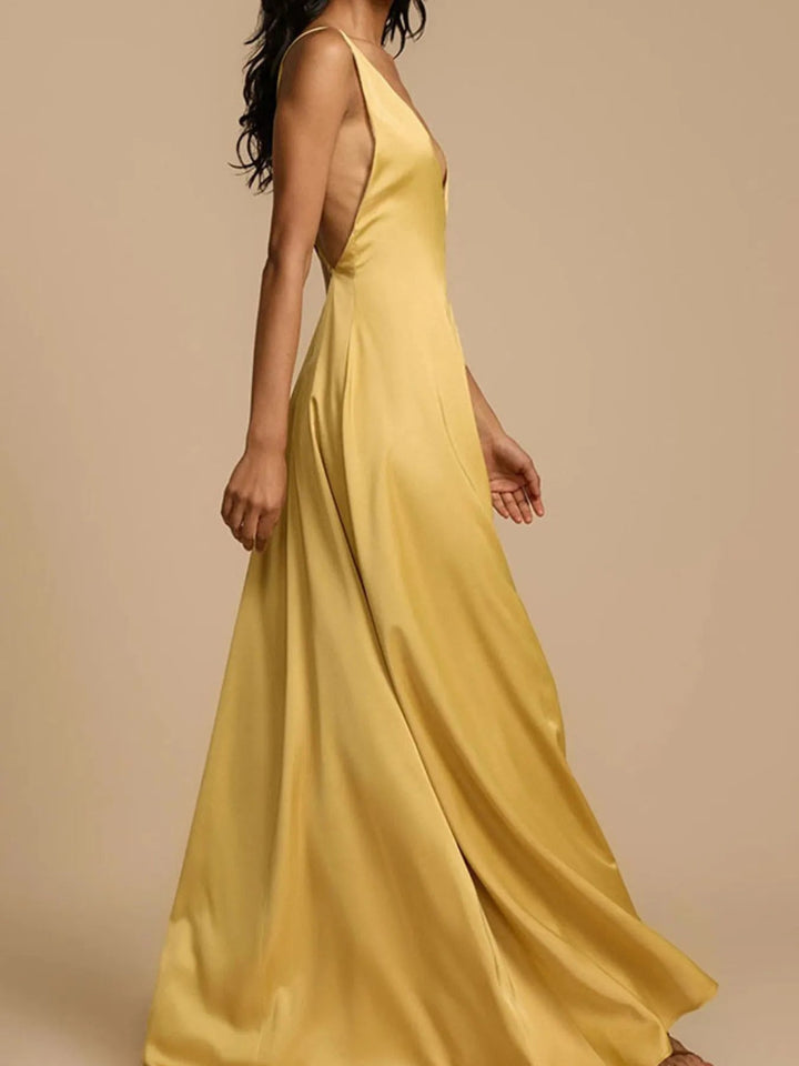 Backless Deep V Neck Maxi Dress - Trendy Dress/Cocktail Dress in Gold for Women | The802Gypsy