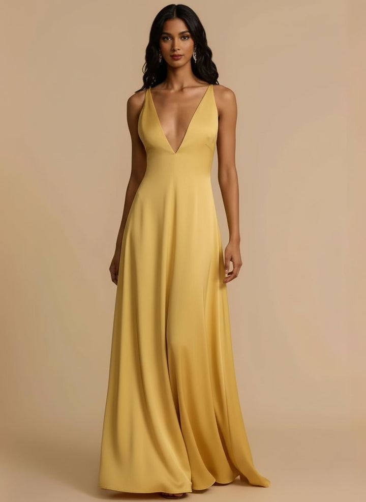 Backless Deep V Neck Maxi Dress - Trendy Dress/Cocktail Dress in Gold for Women | The802Gypsy