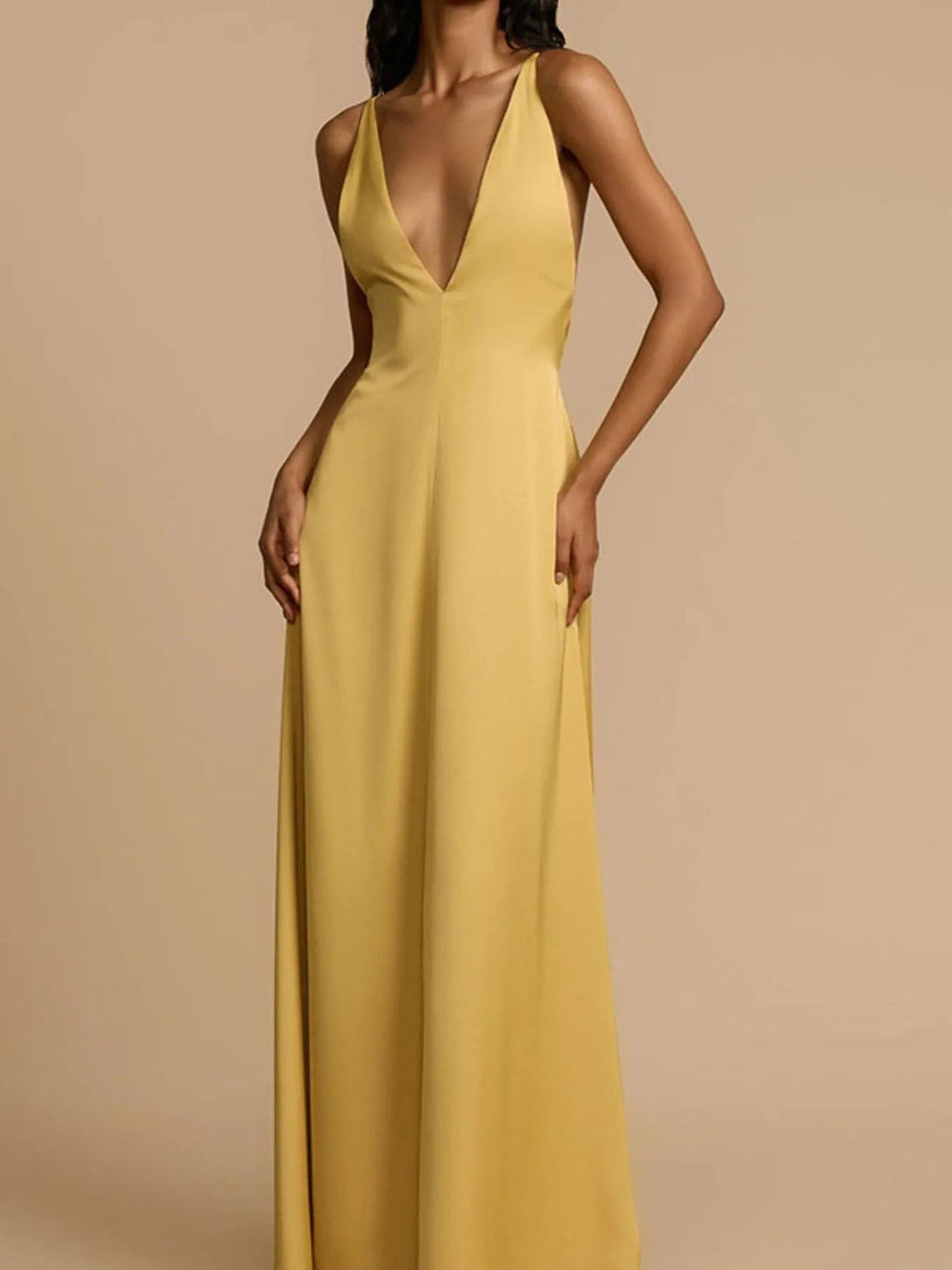 Backless Deep V Neck Maxi Dress - Trendy Dress/Cocktail Dress in Gold for Women | The802Gypsy