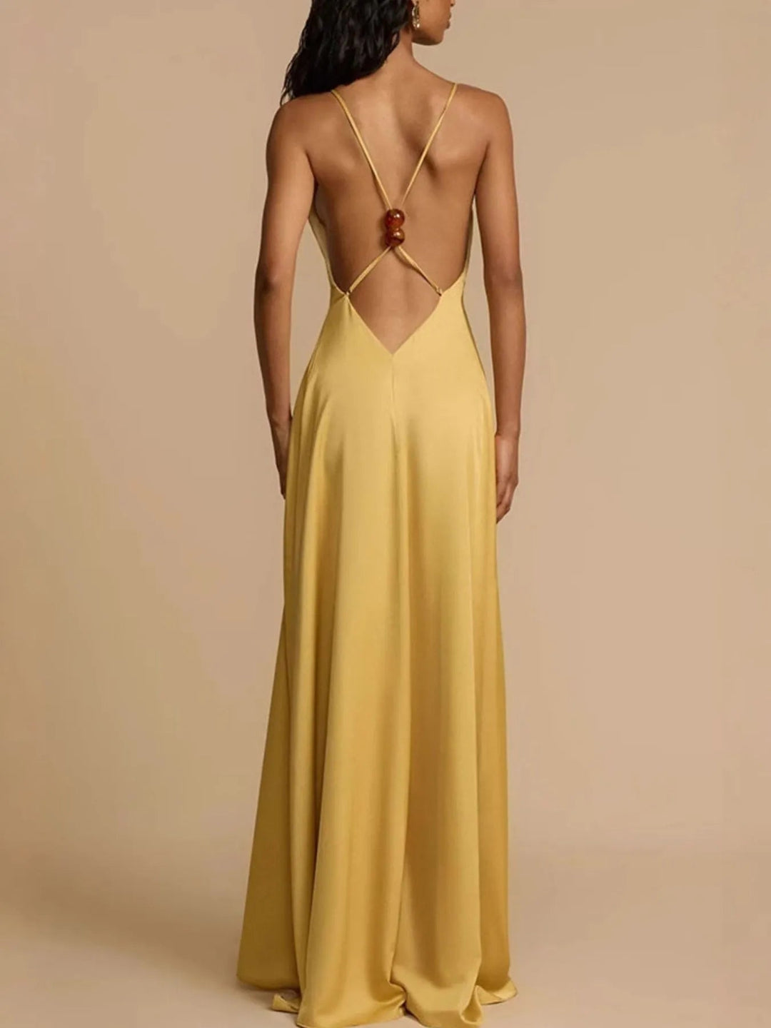 Backless Deep V Neck Maxi Dress - Trendy Dress/Cocktail Dress in Gold for Women | The802Gypsy