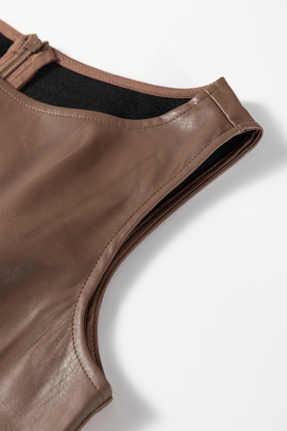 Coffee Vegan Leather Sleeveless Mini Dress - Trendy Dresses in Black for Women | The802Gypsy