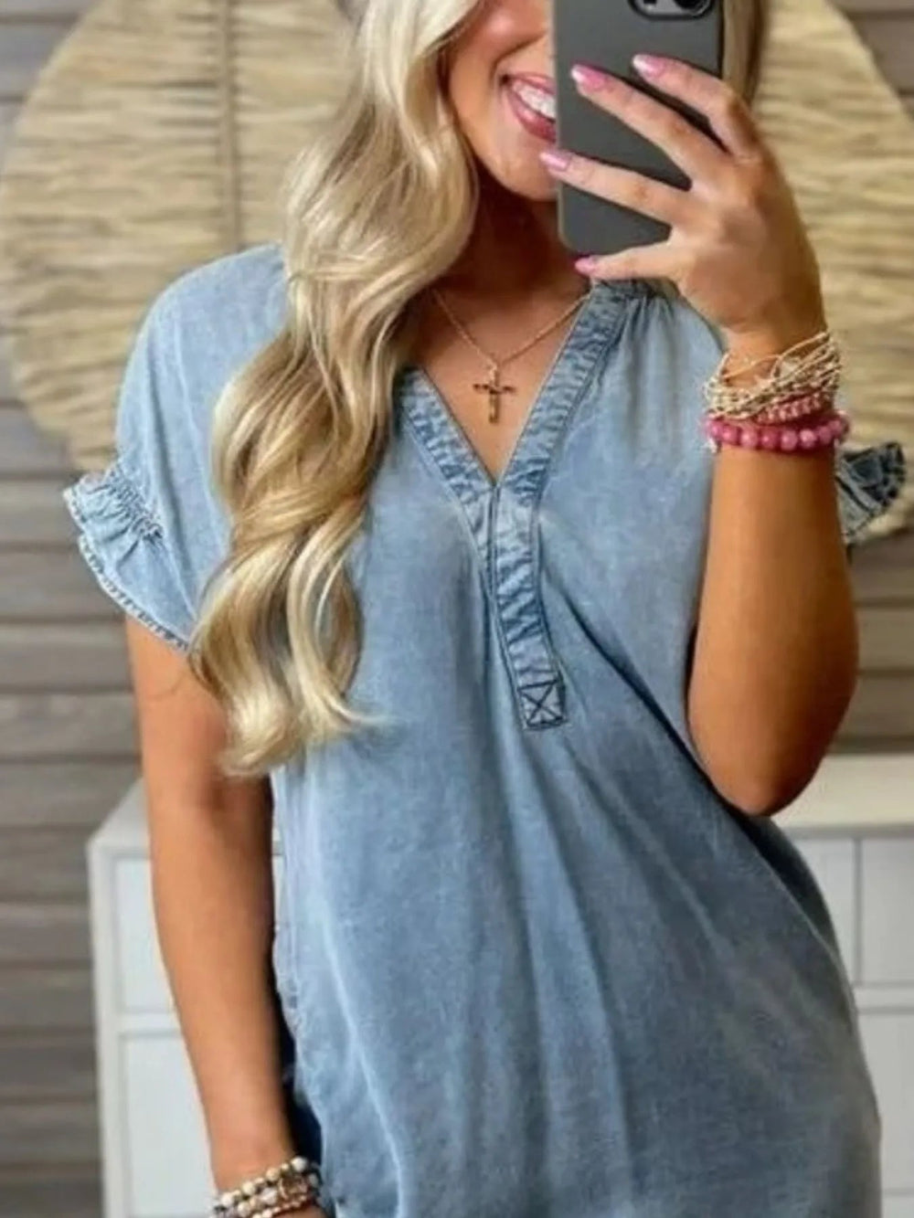 Nashville Denim Short Sleeve V - Neck Mini Dress - Trendy Dresses/Casual in Blue for Women | The802Gypsy
