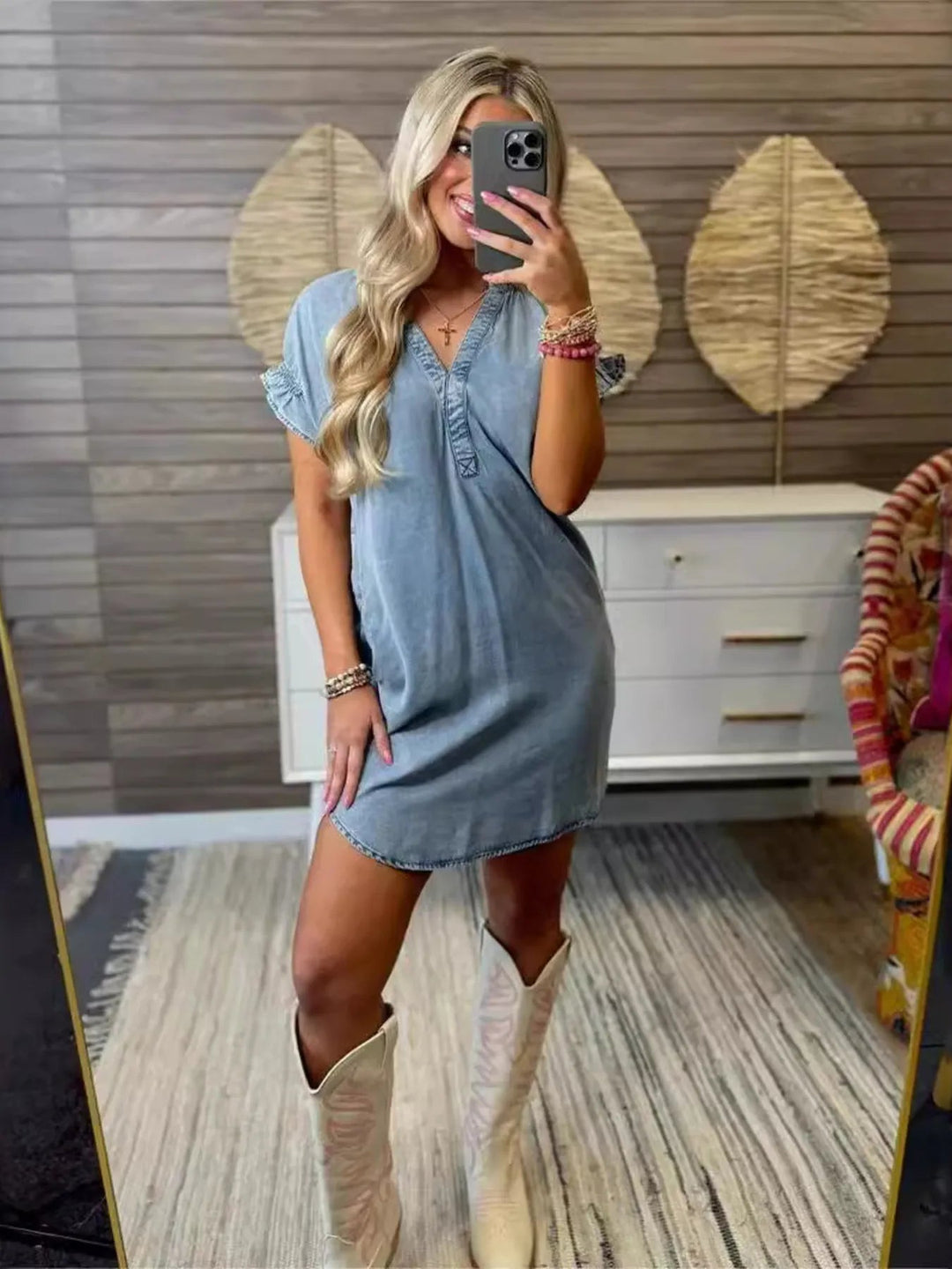 Nashville Denim Short Sleeve V - Neck Mini Dress - Trendy Dresses/Casual in Blue for Women | The802Gypsy