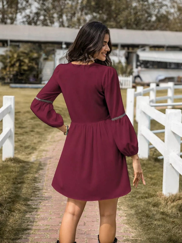 Color Block Long Sleeve Mini Dress - Trendy Dresses/Casual in Burgundy for Women | The802Gypsy