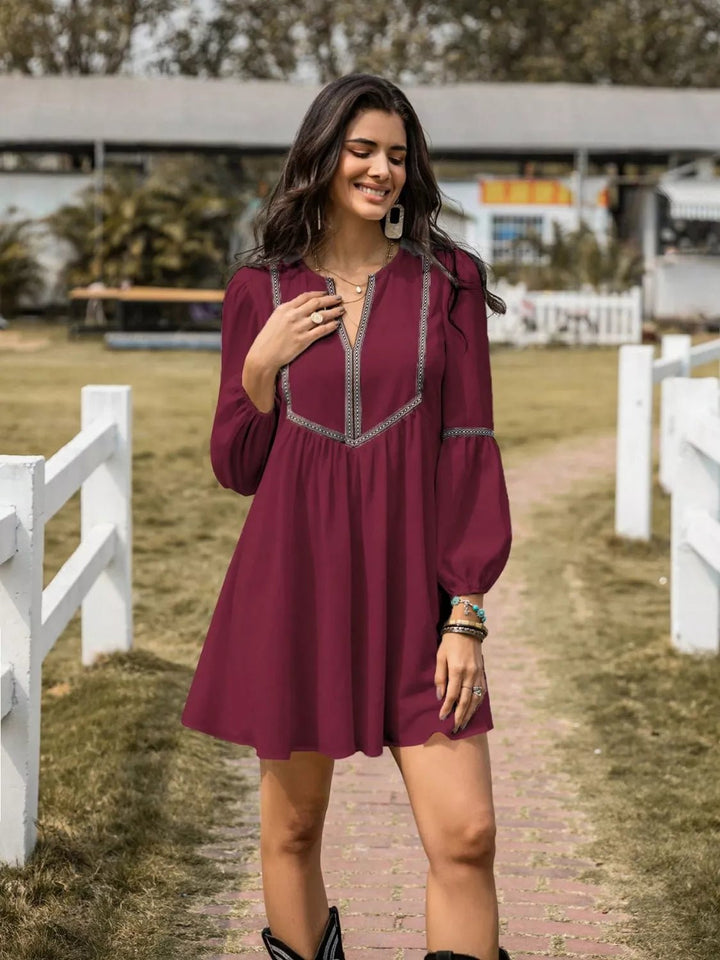 Color Block Long Sleeve Mini Dress - Trendy Dresses/Casual in Burgundy for Women | The802Gypsy