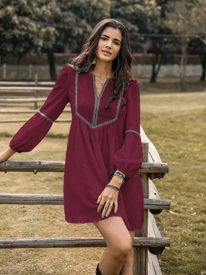 Color Block Long Sleeve Mini Dress - Trendy Dresses/Casual in Burgundy for Women | The802Gypsy